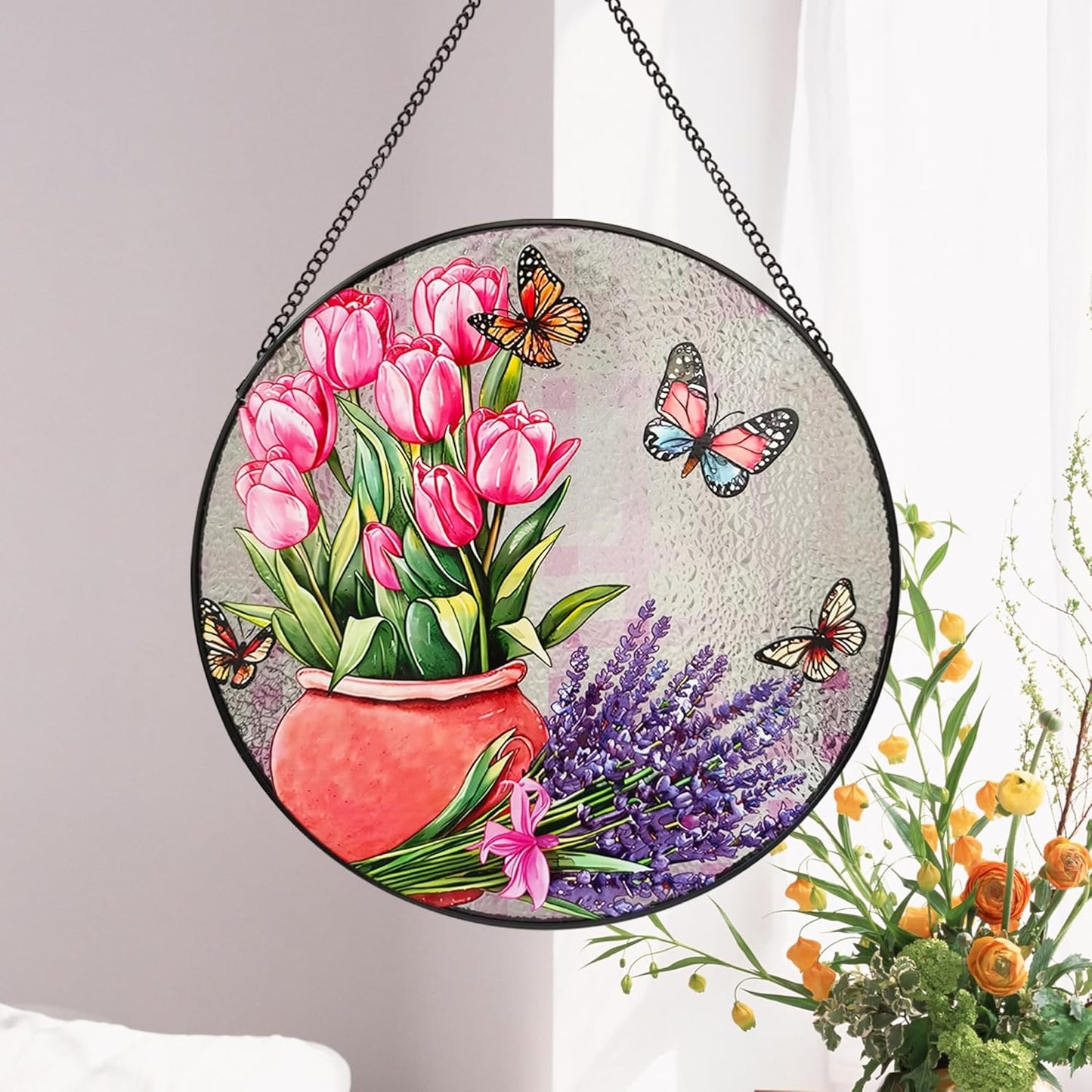 Stained Glass Window Hanging, 9.8'' Tulip Lavender Butterfly Sun Catcher Glass Panel for Window Hanging, Suncatcher Decor Christmas for Women Men Mom Aunt
