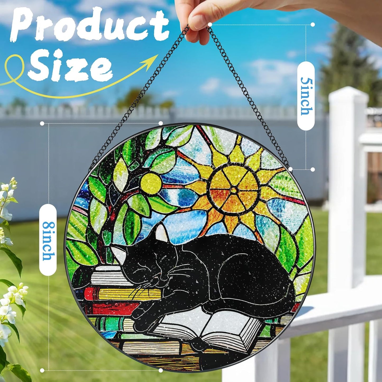 Stained Glass Window Hanging, 8 Inch Black Cat on Book Stained Glass Suncatcher, Window Decor Hanging, Cat Lover Gifts, Reading Decor, Bookish Gift, Librarian Gift, Book Lover Gifts