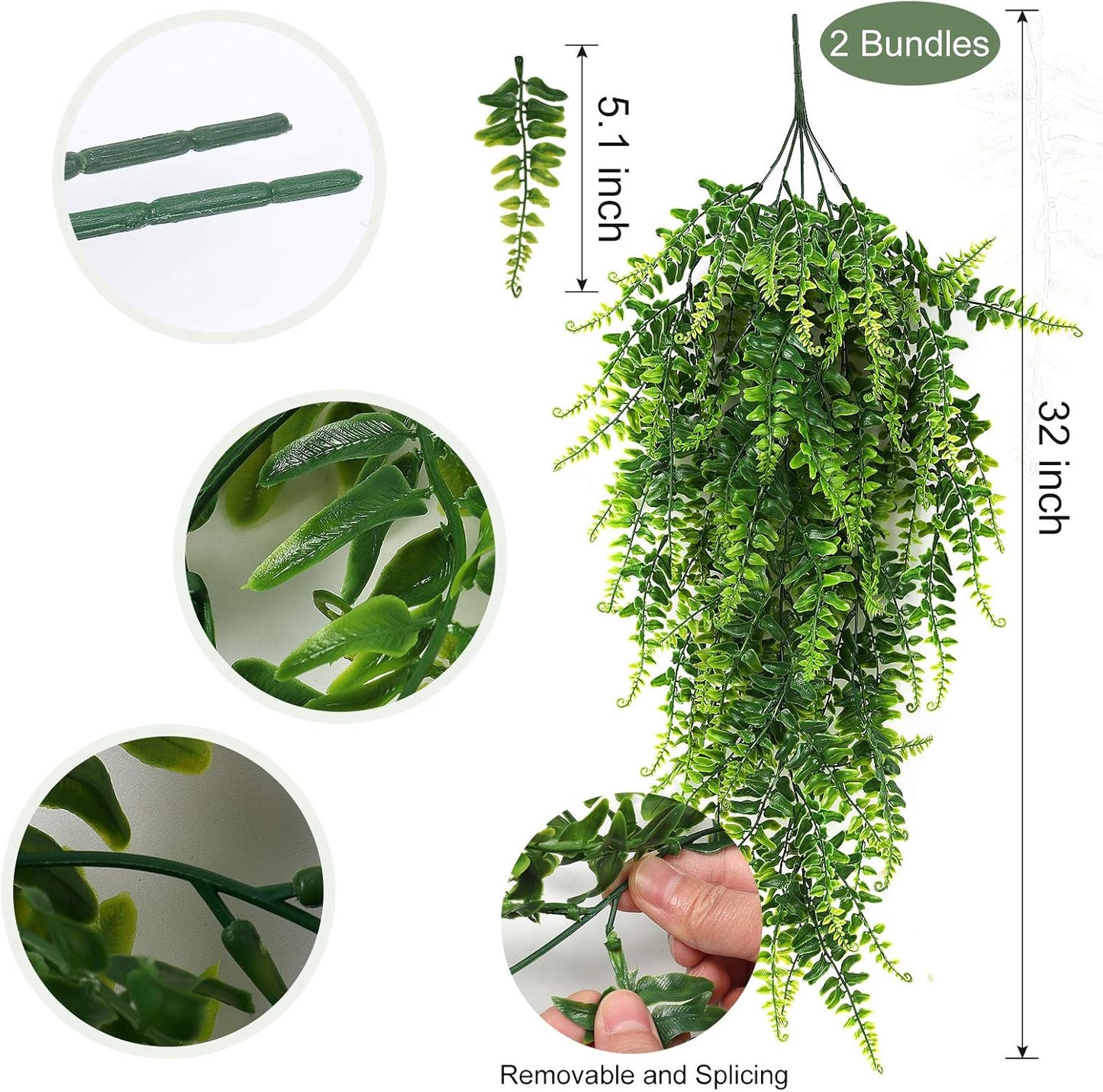 RECUTMS Hanging Artificial Plants 4Pcs UV Resistant Fake Boston Fern Realistic Faux Greenery Plastic Ivy Vines for Wall Home Room Garden Wedding Party Garland Outside Decoration(Green)