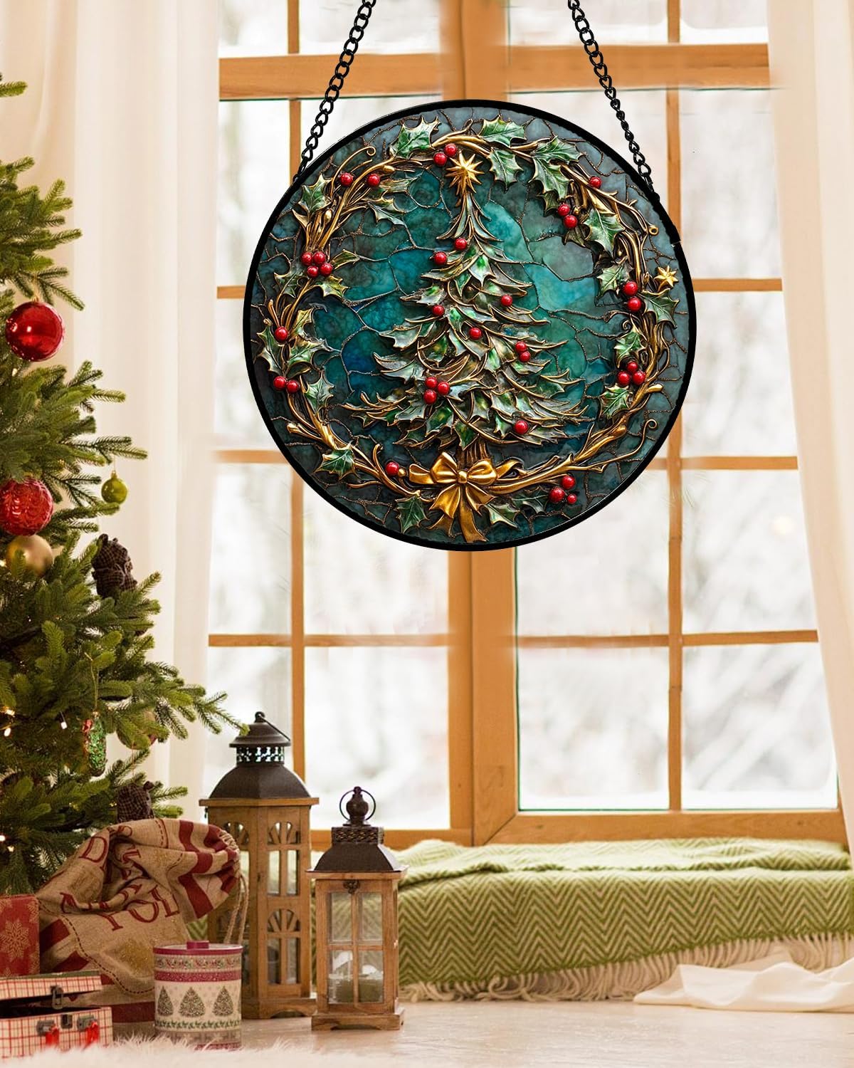 Stained Glass Window Hangings - Red Gold Green Wreath Suncatcher for Door Home Christmas Tree Decoration Sun Catcher Thanksgiving New Year Birthday Gift for Women Men Mom Grandma 6.3 in