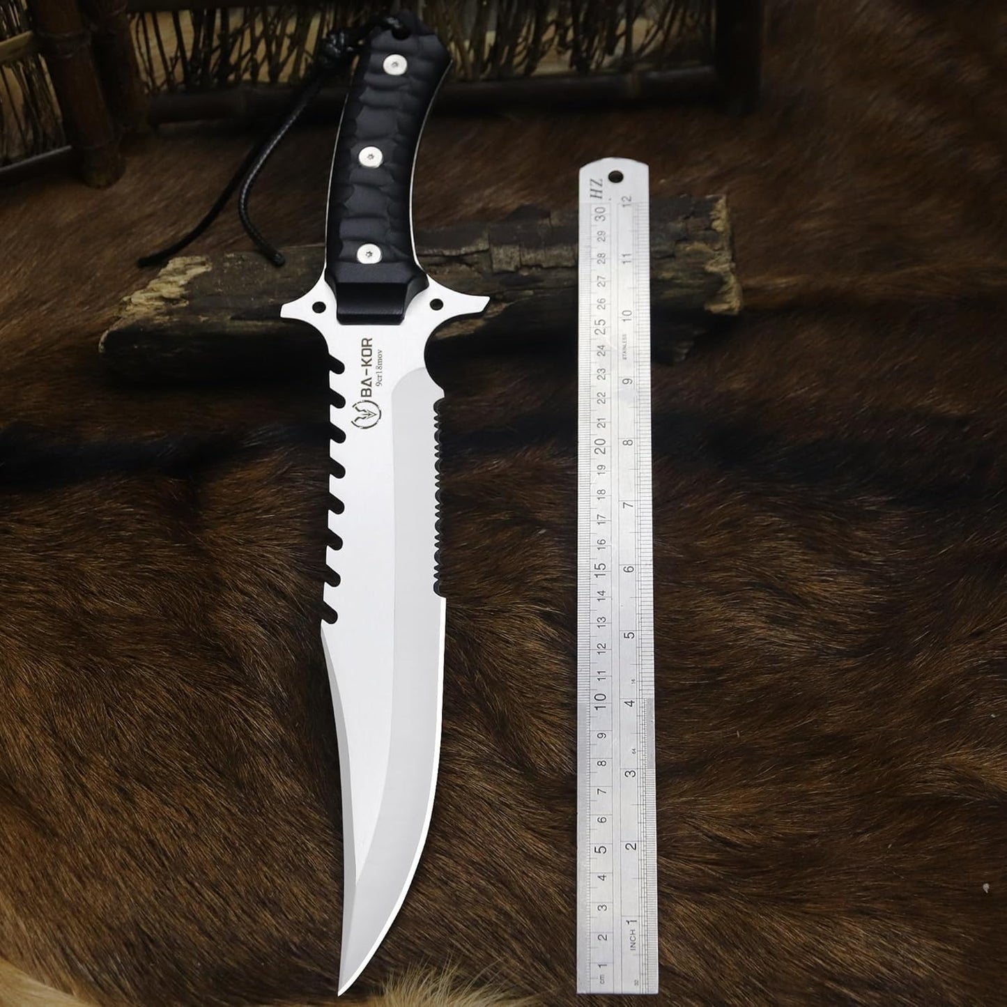 BA-KOR (15.8 inches) 5mm full Tang 9CR18MOV steel nylon fiber handle Bowie knife + sheath + (5.9 inches) cerium element striker, suitable for outdoor hunting, camping, survival, and daily carry of tools. (Sanding I (Half Teeth))