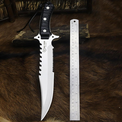 BA-KOR (15.8 inches) 5mm full Tang 9CR18MOV steel nylon fiber handle Bowie knife + sheath + (5.9 inches) cerium element striker, suitable for outdoor hunting, camping, survival, and daily carry of tools. (Sanding I (Half Teeth))