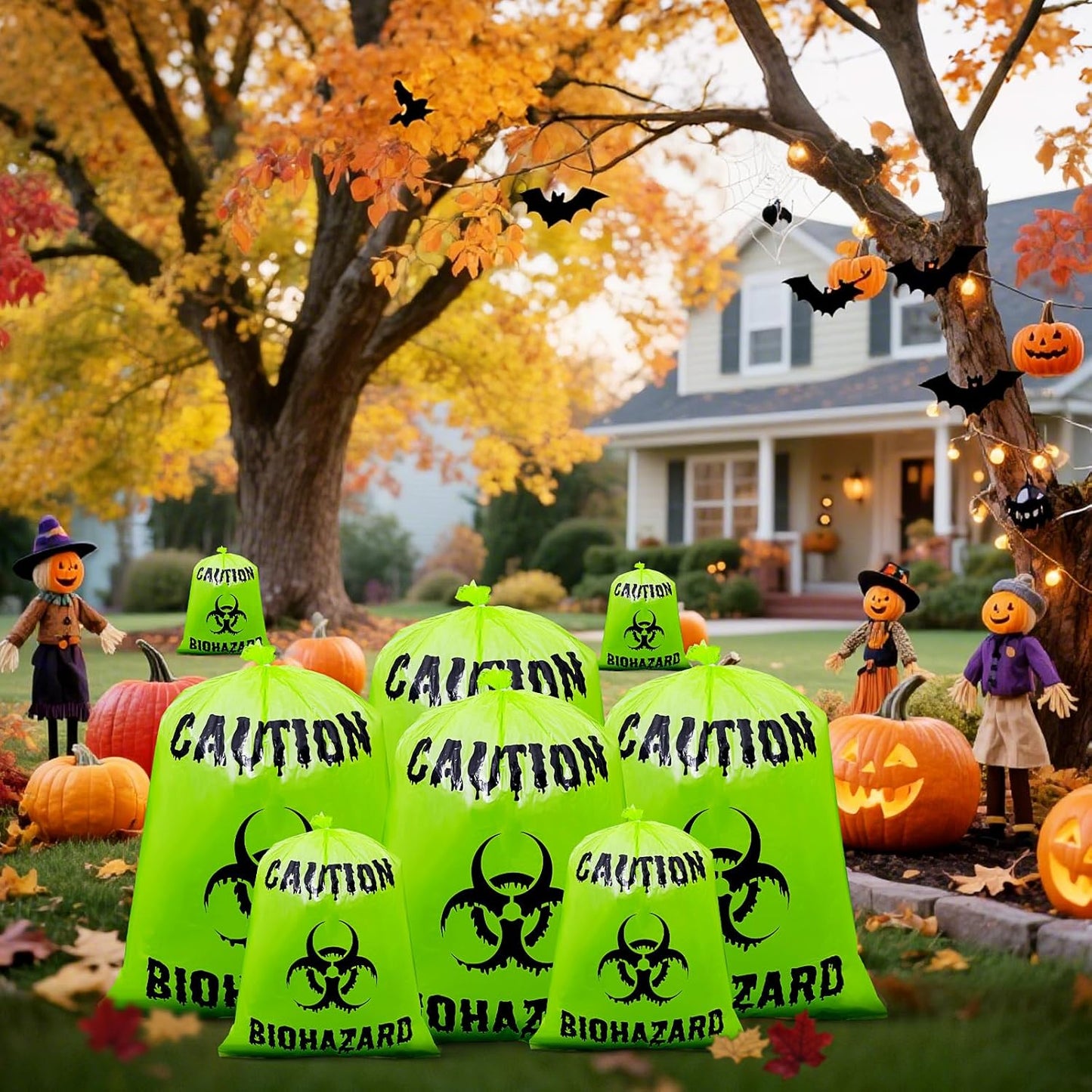 12 Pcs Large Halloween Leaf Bags Biohazard Halloween Decorations Halloween Trash Bags for Leaves Plastic Yard Lawn Waste Bag Scientist Biohazard Bag Outdoor Biohazard Zombie Party Decorations (Green)