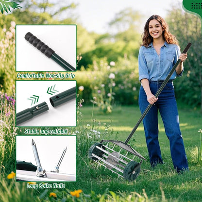 18-Inch Spike Rolling Lawn Aerator for Grass. Heavy Duty Manual Push Aerator Lawn Tool,Soil Health for Garden&Yard Tool(Green with Fender)