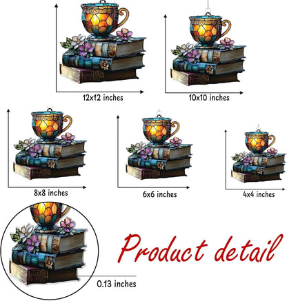 Bookish Teacup Acrylic Suncatcher Stained Glass Effect Window Car Hanging Christmas Ornament Indoor Outdoor Decor Garden Sun Catcher Panel Gifts for Bookworm Lover for Women Mom Grandma