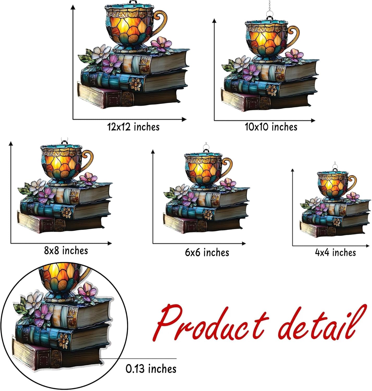 Bookish Teacup Acrylic Suncatcher Stained Glass Effect Window Car Hanging Christmas Ornament Indoor Outdoor Decor Garden Sun Catcher Panel Gifts for Bookworm Lover for Women Mom Grandma