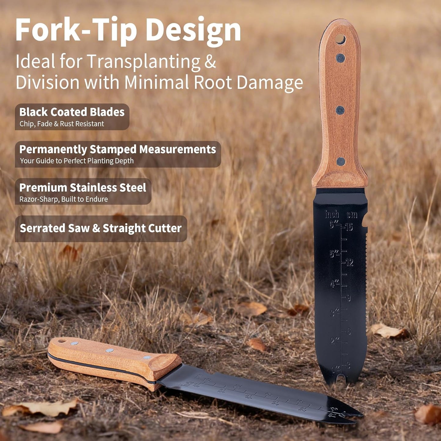 WILLKOMMEN Hori Hori Garden Knife- Garden Tools with Oxford Cloth Sheath, 7" Stainless Steel Blade,Full Tang Beechwood Handle, Ideal for Transplanting, Division, Weeding & Root Care (Forked Tip)