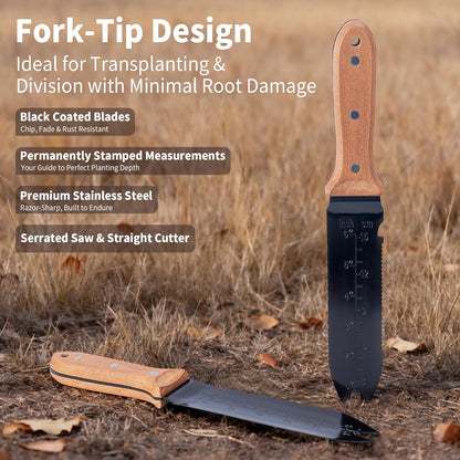 WILLKOMMEN Hori Hori Garden Knife- Garden Tools with Oxford Cloth Sheath, 7" Stainless Steel Blade,Full Tang Beechwood Handle, Ideal for Transplanting, Division, Weeding & Root Care (Forked Tip)