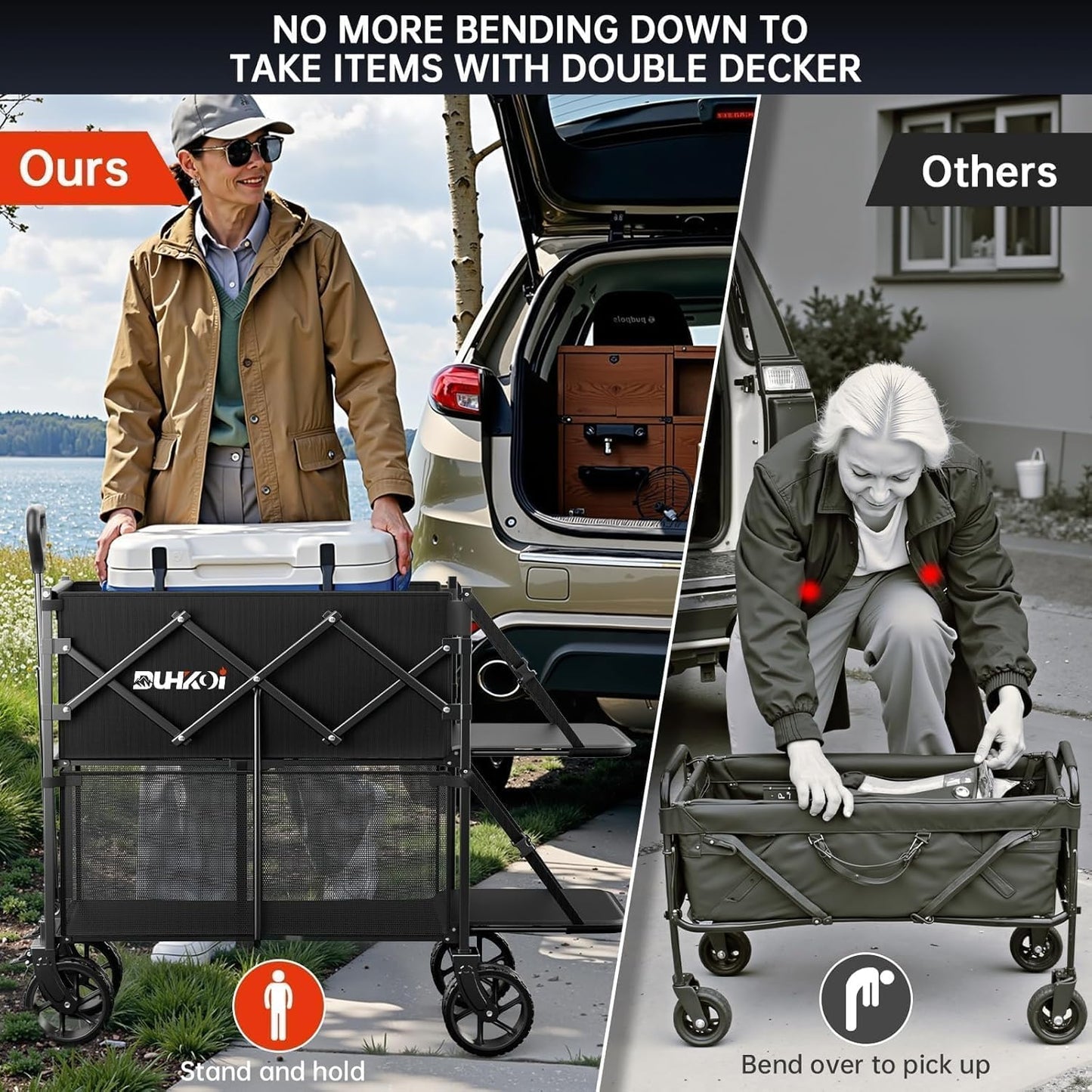 Double Decker Wagon 320L Large Capacity 400LBS Collapsible Sports Utility Cart with Big Wheels,Double Extended Tailgate Heavy Duty Folding Wagon Cart for Groceries,Camping,Outdoor