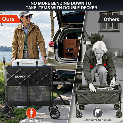 Double Decker Wagon 320L Large Capacity 400LBS Collapsible Sports Utility Cart with Big Wheels,Double Extended Tailgate Heavy Duty Folding Wagon Cart for Groceries,Camping,Outdoor