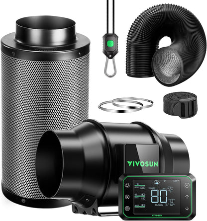 VIVOSUN Smart Air Filtration PRO G6 Kit 6", AeroZesh G6 Inline Duct Fan w/GrowHub E42A Temp. Humidity WiFi-Controller, Carbon Filter & Ducting, Cooling & Ventilation System for Grow Tent, Hydroponics