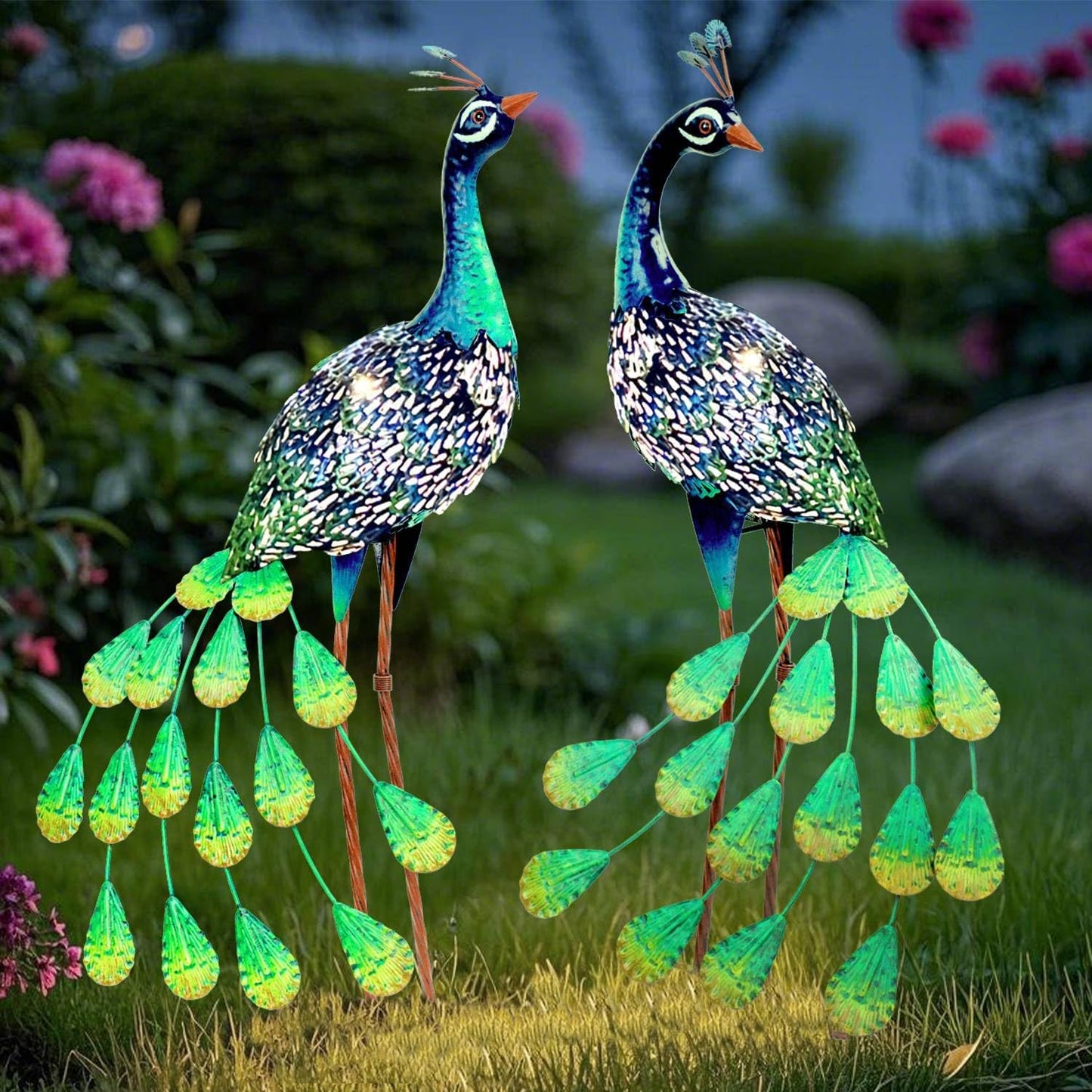 Kircust Solar Metal Peacock Statues - Set of 2 Weatherproof Outdoor Decor with Solar Lights for Garden, Yard, or Patio - Elegant Peacock Gifts