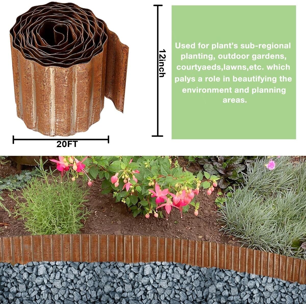 Corrugated Metal Garden Edging 12inch x 20ft, Landscape Edging Border, Flower Bed Edging Borders, Galvanized Edging Long Strips Yard Border for Lawn Edging Borders, Plants, Walkways (Rusty Red)