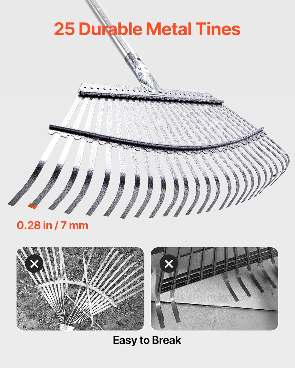 VEVOR Leaf Rake, 25 Metal Tines, Adjustable Garden Rake for Lawns with 18.3 Inch Wide Head & 36.4-72.8 Inch Long Handle, Heavy Duty Stainless Steel Small Leaves Tool for Gardening Camping Yard Grass