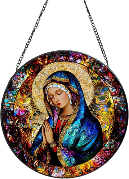 Suncatcher Stained Glass Window Hanging - Mother Mary Glass Panel with Metal Chain and Hooks Handmade Sun Catcher Decoration for Window Garden Home Christmas & Birthday Gifts (8 Inch)
