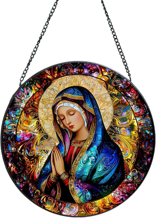 Suncatcher Stained Glass Window Hanging - Mother Mary Glass Panel with Metal Chain and Hooks