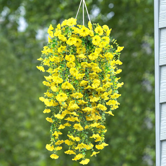 4 Pack Artificial Faux Hanging Flowers Plant for Outdoor, Fake Silk Morning Glory with Eucalyptus