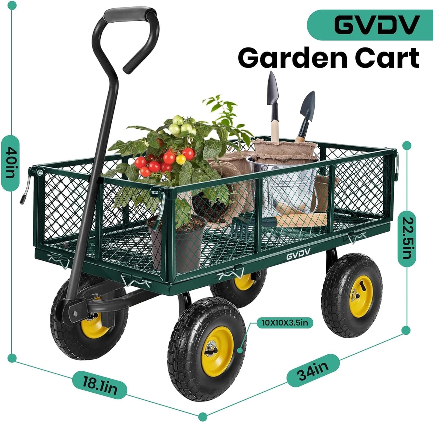 GVDV 660LB Garden Cart with Liner, Heavy Duty Steel Garden Wagon, Folding Utility Wagon with Removable Sides and 10" All-Terrain Wheels