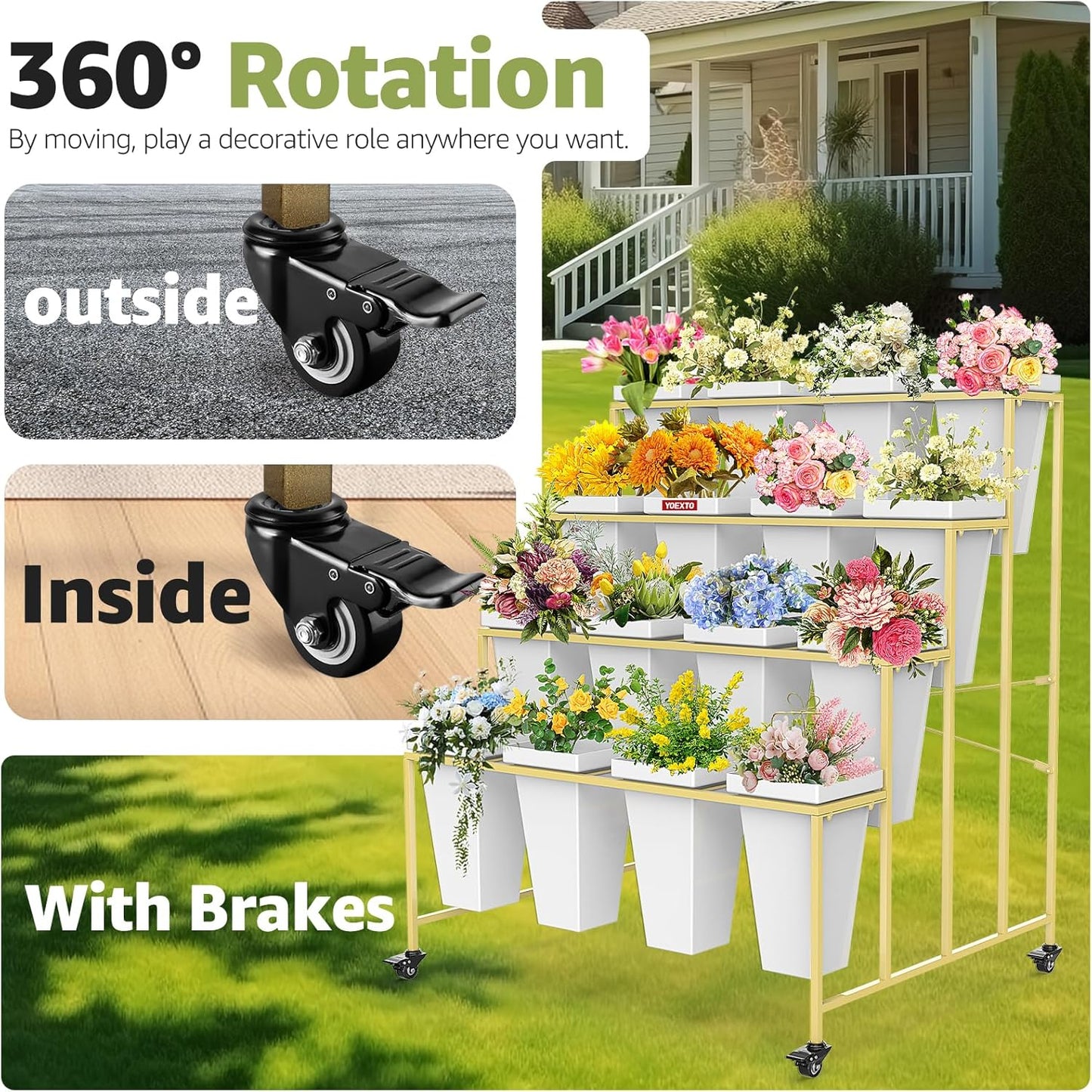 Flower Display Stand 4 Layers with 16 PCS Square Buckets, Plant Stand with Wheels, Movable Metal Plant Stand for Terrace Garden, Living Room, Florist Shop