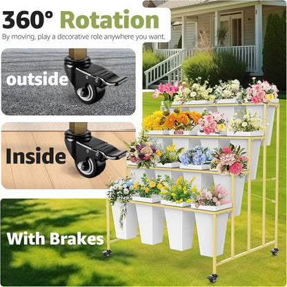 4 Layers Flower Display Stand with Buckets, 16 PCS Buckets Plant Stand with Wheels, Movable Metal Plant Stand for Terrace Garden, Living Room, Florist Shop
