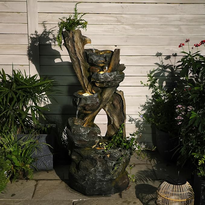 Outdoor Cascading Water Fountain Garden, 43.7'' Resin Tree Trunk & Rock Design Garden Waterfall Feature with LED Lights for Patio, Porch, Backyard and Home Decor, Gift