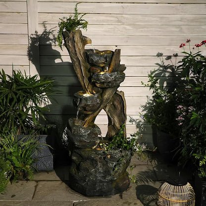 Outdoor Cascading Water Fountain Garden, 43.7'' Resin Tree Trunk & Rock Design Garden Waterfall Feature with LED Lights for Patio, Porch, Backyard and Home Decor, Gift