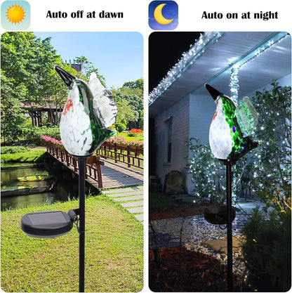Afirst Decorative Solar Lights Outdoor Solar Hummingbird Stake Lights Hand Blown Glass Decorative Garden Pathway Light Outdoor Waterproof Glass Stakes Green