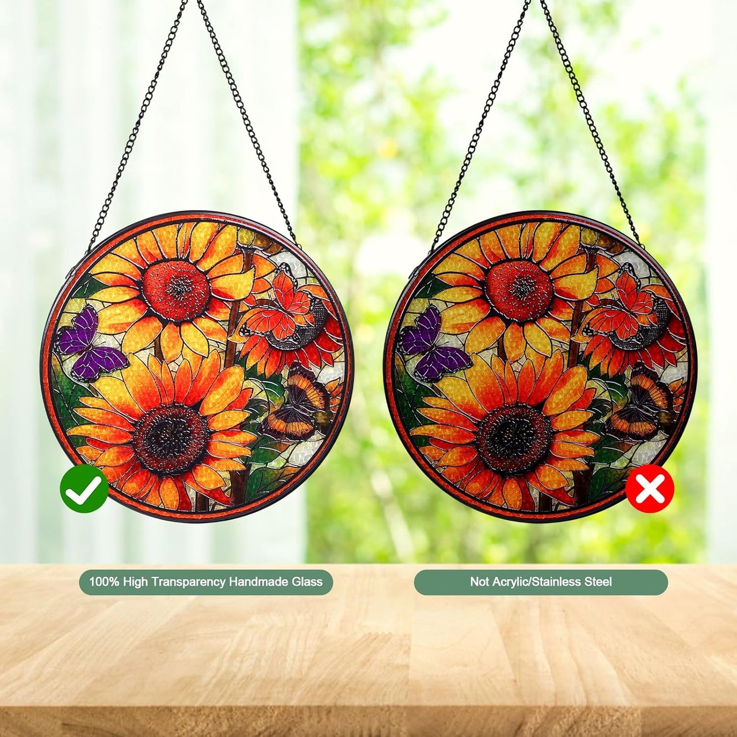 Sunflowers Handmade Stained Glass Window Hanging Suncatcher with Chain - 7.9" Outdoor/Indoor Art Decor for Home Garden, Wedding, Mother's, Valentine's & Christmas Ornaments Present
