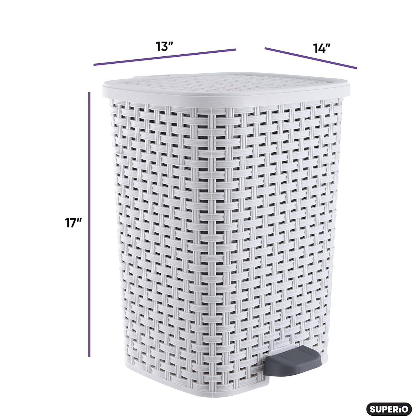 Superio Small Outdoor Trash Can with Lid for Dog Poop 6.8 Gallon/26 L Step On Plastic Garbage Can with Foot Pedal for Bathroom, Bedroom, Office, Patio, Wicker Smoke