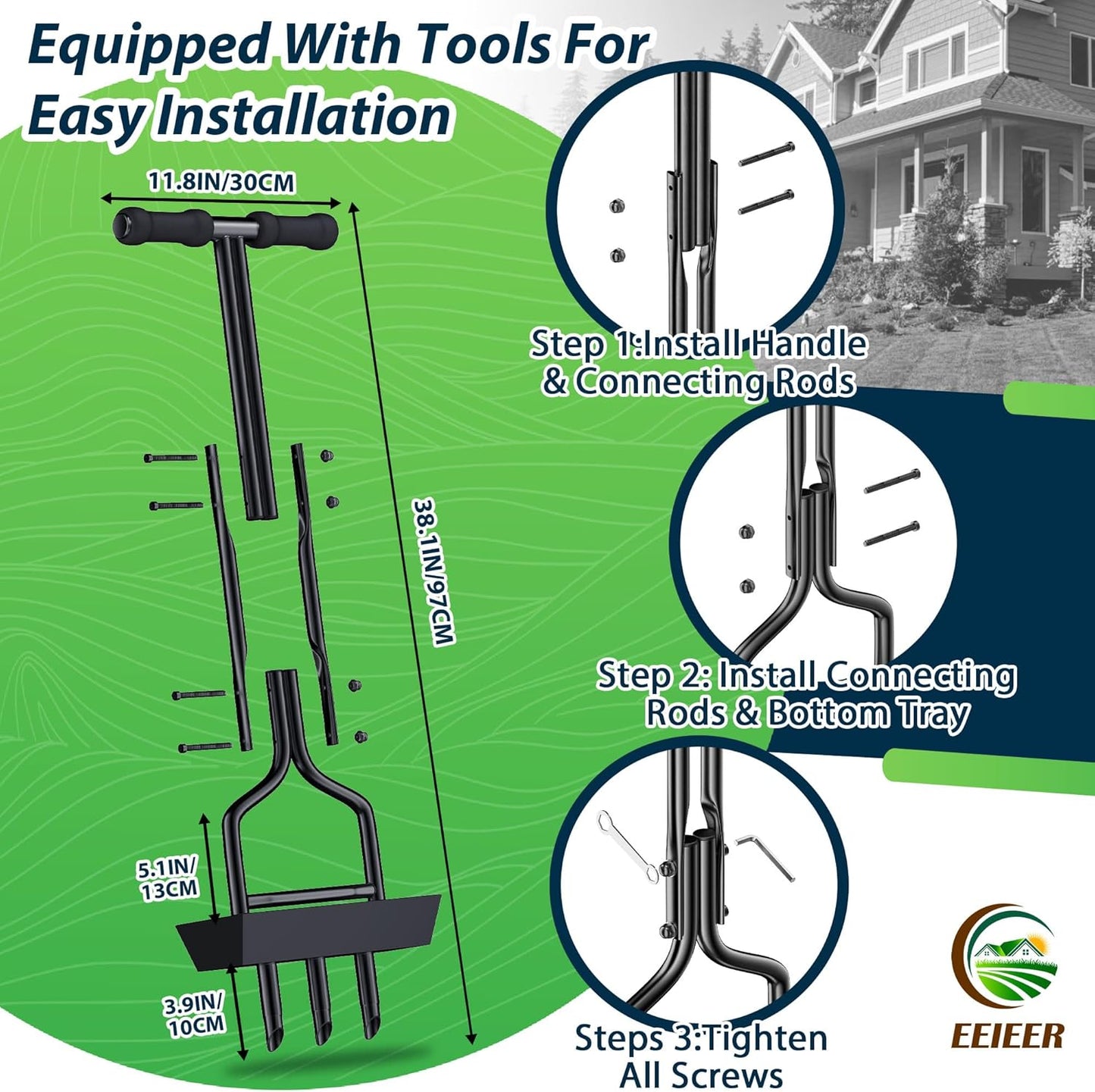 Manual Lawn Aerator Tool with Soil Storage Basket - 2025 Upgraded Aerator Lawn Tool, 3 Tines Yard Aerators with Cleaning Tool, 38’’ Ergonomic Aeration Tools for Compacted Soil & Lawn Care