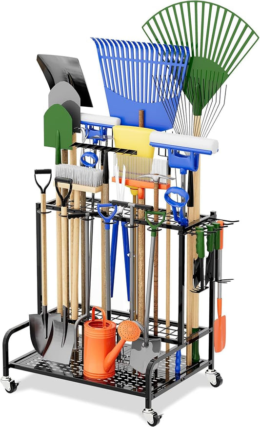 Garden Tool Organizer with Wheels, Yard Tool Rack for Garage Organization and Storage, Heavy Duty Steel Tool Holder with Hooks, Garden Tool Stand for Shed, Basement, Outdoor, Black