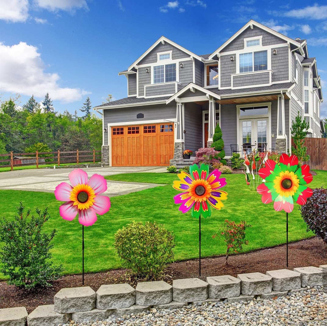 3PCS Sunflower Pinwheels Outdoor Wind Spinners, Colorful Flower Windmill Decorative Pinwheel for Garden,Yard, Party Outdoor Decor (Mixed Style)