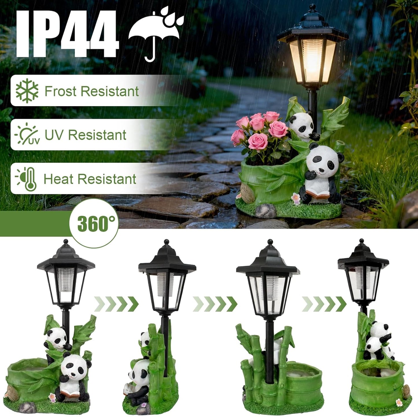 Panda Outdoor Statue with Solar Lantern Flowerpot for Garden Decor Panda Sculpture Figurine Bamboo for Patio Balcony Yard Lawn Decorations Gifts for Women Mom