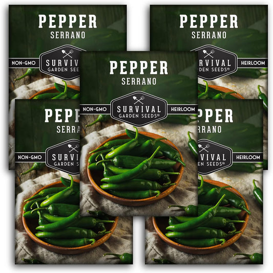 Mexican Serrano Pepper Seeds for Planting | Fresh Hot Chili & Green Hot Pepper Seeds – Heirloom Non-GMO Variety for Sauce, Salsa & Pickling – Survival Garden Seeds (5 Packs)