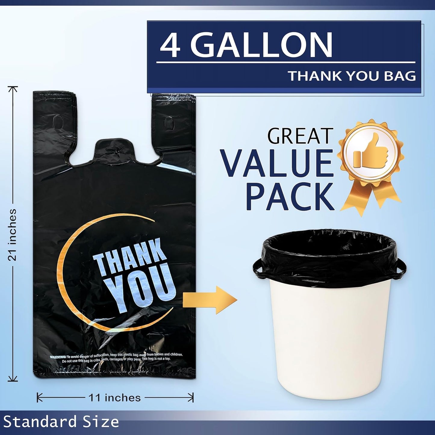 4 Gallon Small Black Trash Bags with Handles 100 Count, 11" x 21" Plastic Garbage Bags for Home, Kitchen, Office, Bathroom Thank You T-Shirt Style Bags for Small Business, Takeout, Grocery Use