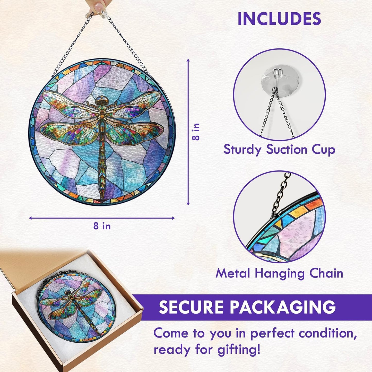 FLAGWIX Christmas Dragonfly Gifts for Women Men - Stained Glass Window Hanging 8 in - Dragonfly Garden Decor for Yard Decorations Outdoor, Sun Catchers Window Ornament for Home Christmas Decorations