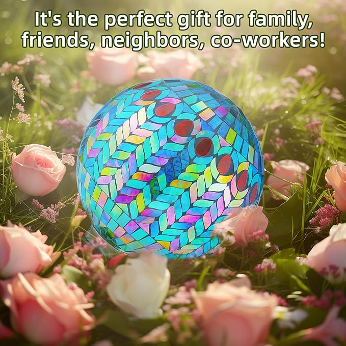 VOREEN Mosaic Glass Gazing Ball Outdoor Gazing Globe, Handmade Reflective Ball Yard Decoration for Homes, Patio, Lawn and Gardens, Gift for Mom Wife Friend, 10-Inch, Blue
