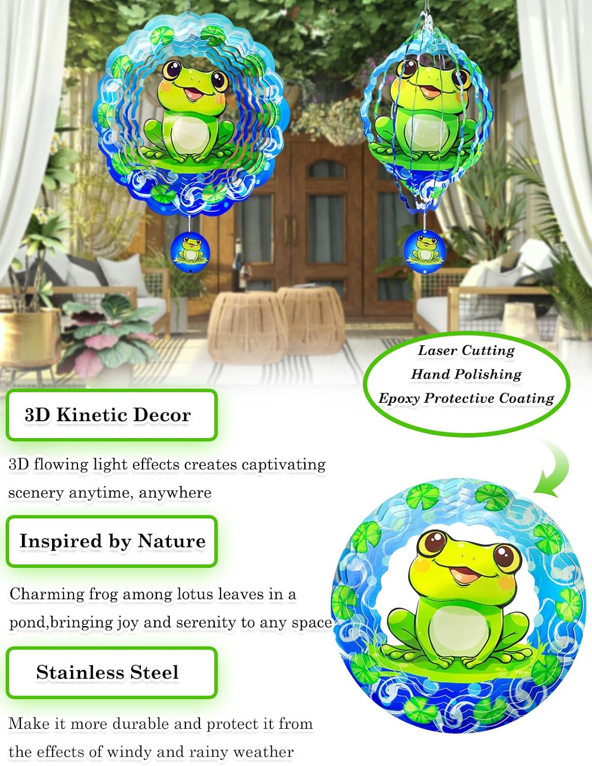 Frog Wind Spinner-3D Metal Hanging Wind Spinners, Perfect Ornament Gifts for Women/Men, 12 Inch Spinfinity Wind Spinner for Outdoor & Indoor Decorations, Yard Art, Garden Decoration