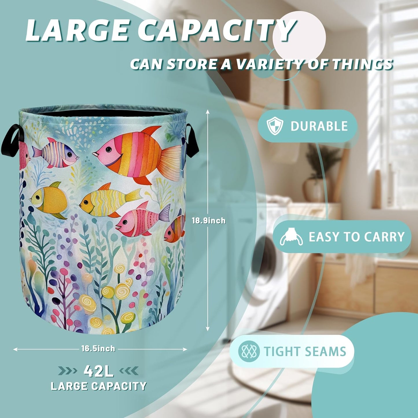 Watercolor Fish Laundry Basket Foldable With Handles Cute Fishes Tote Bag Oxford Cloth Colorful Laundry Hamper Clothes Storage Bucket Toy Organizer For Bathroom/Laundry/Bedroom 18.9"x16.5 "