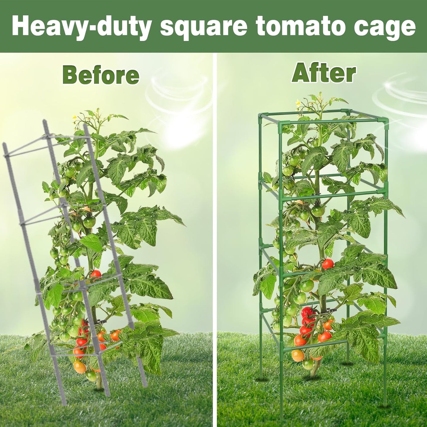 Halatool Tomato Cage for Garden 3 Pack, Square Heavy Duty Adjustable Tomatoes Cages Trellis Stakes Plant Supports for Pots Climbing Plants Vegetables Flowers Fruits Cucumber (47inch Tall, Extra-Bold)