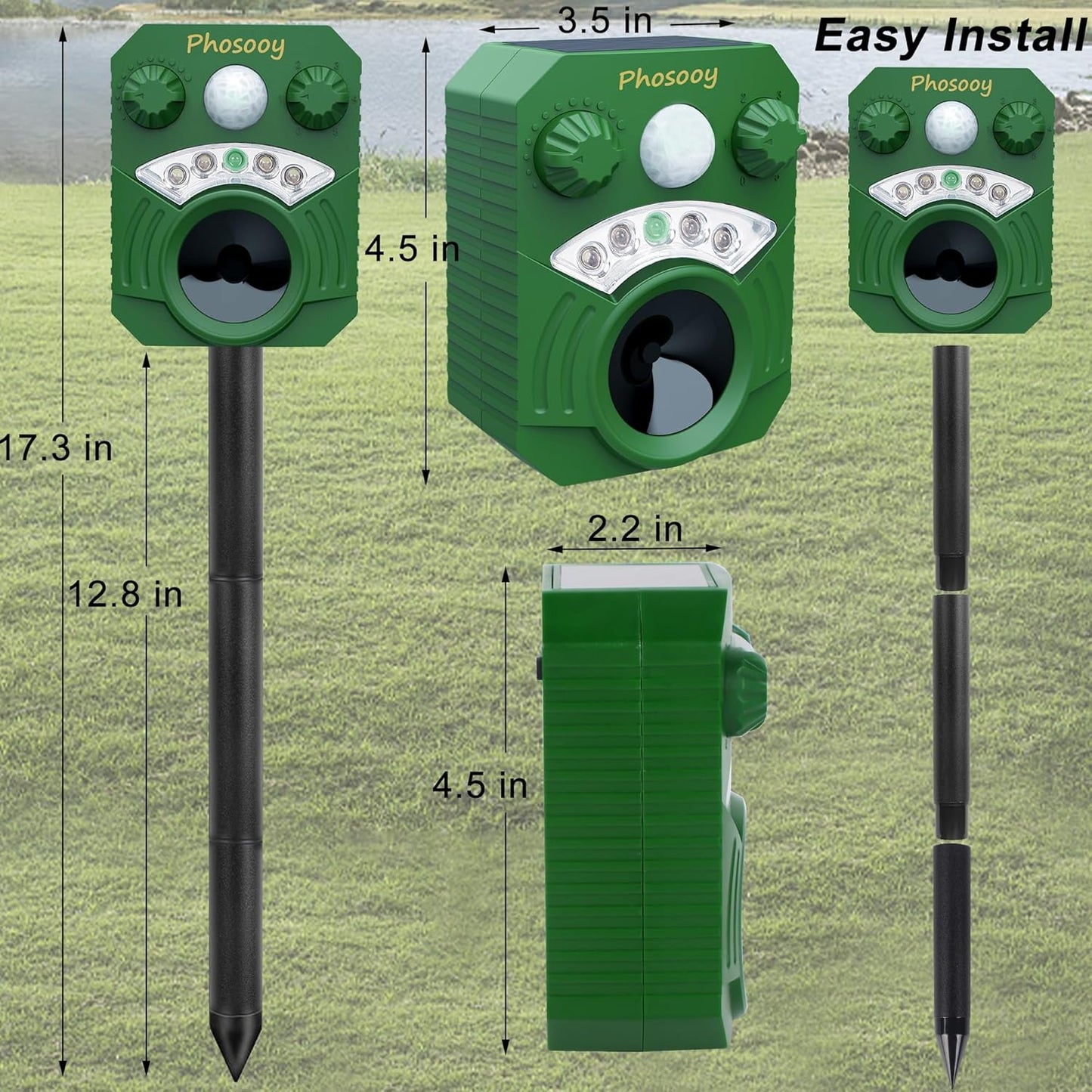 2 Packs Solar Ultrasonic Animal Repeller, Waterproof Mode-Adjustable Animal Deterrent Device with Flashing Strobe Lights to Repel Cats, Dogs, Squirrel, Rats, Skunks, Raccoons and Deer