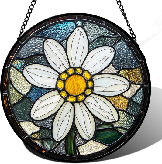Stained Glass Window Hanging - Yellow White Daisy Birth Flower Suncatcher for Door Garden Yard Sun