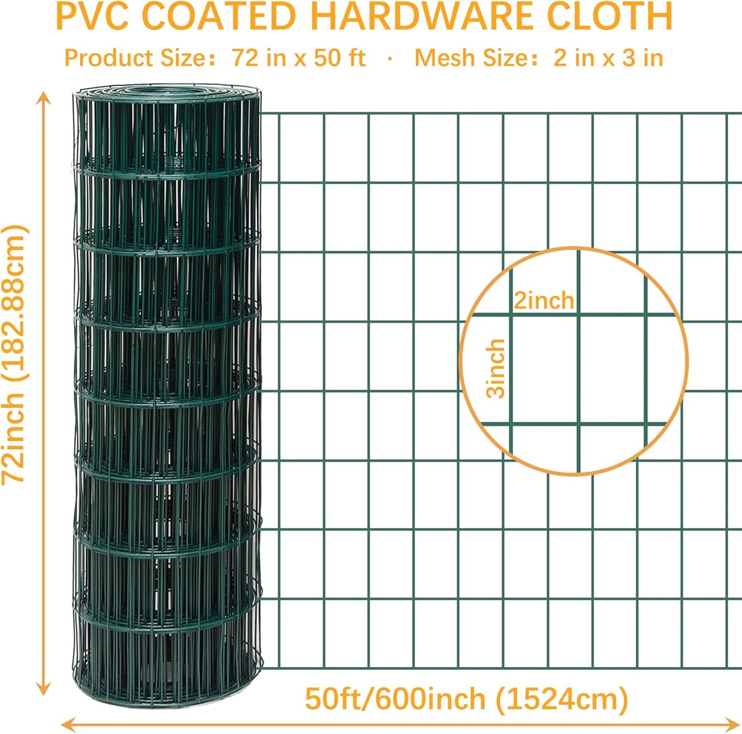 Green Metal Garden Fence, 72inch(H) x 50ft(L), 2 inch x 3 inch,14GA 2/3/4/5/6 Ft Tall Chicken Wire PVC Coated Welded Wire Mesh Roll for Dogs Border Yard Vegetable Plant Protection Poultry Netting
