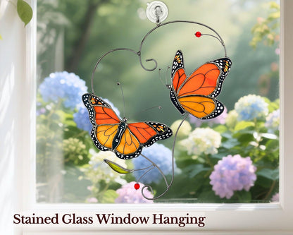 Monarch Butterfly (1 Pair) Stained Glass Suncatcher for Mom, Grandma, Women - Real Glass Window Hanging Ornament - Handmade Butterflies Home Decor (Gifts Ready Packaging)