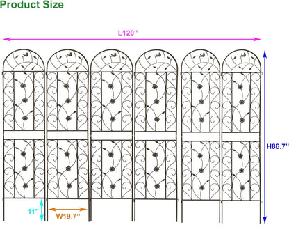 6 Pack Metal Garden Trellis 86.7" Tall Outdoor Climbing Plant Support for Roses, Flowers, Rustproof Durable Black Galvanized Tube, Lawn Garden Fence Decor Screen (6, Brown-86.7" H)