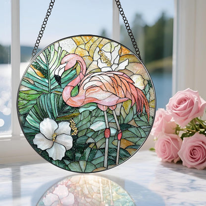 8″ Stained Glass Window Hanging Ornament, Flamingo Stained Glass Suncatcher Ornament, Sun-Catcher Window Decor | Housewarming & Birthday Gifts, Festival Gift | Gifts for Flamingo Lovers