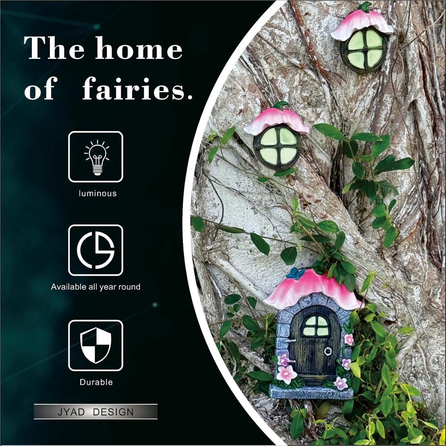 Fairy Garden Door and Windows for Trees,Resin Fairy House Kit,Glowing in The Dark,Miniature Accessories for Tree Stump, Outdoor Yard, Lawn, and Garden Decor.