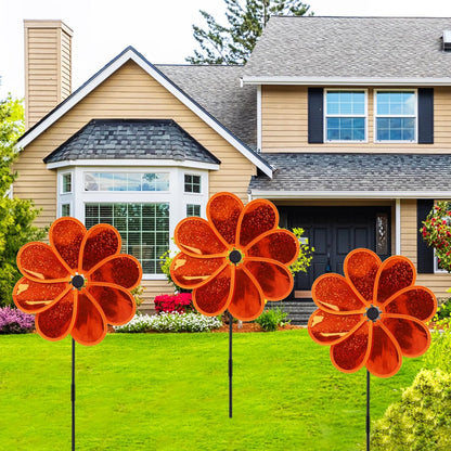 4PCS Flower Wind Spinner Sparkly Lawn Pinwheel 11.8 inch Orange Garden Windmill for Garden, Party, Christmas Outdoor, Yard Decor
