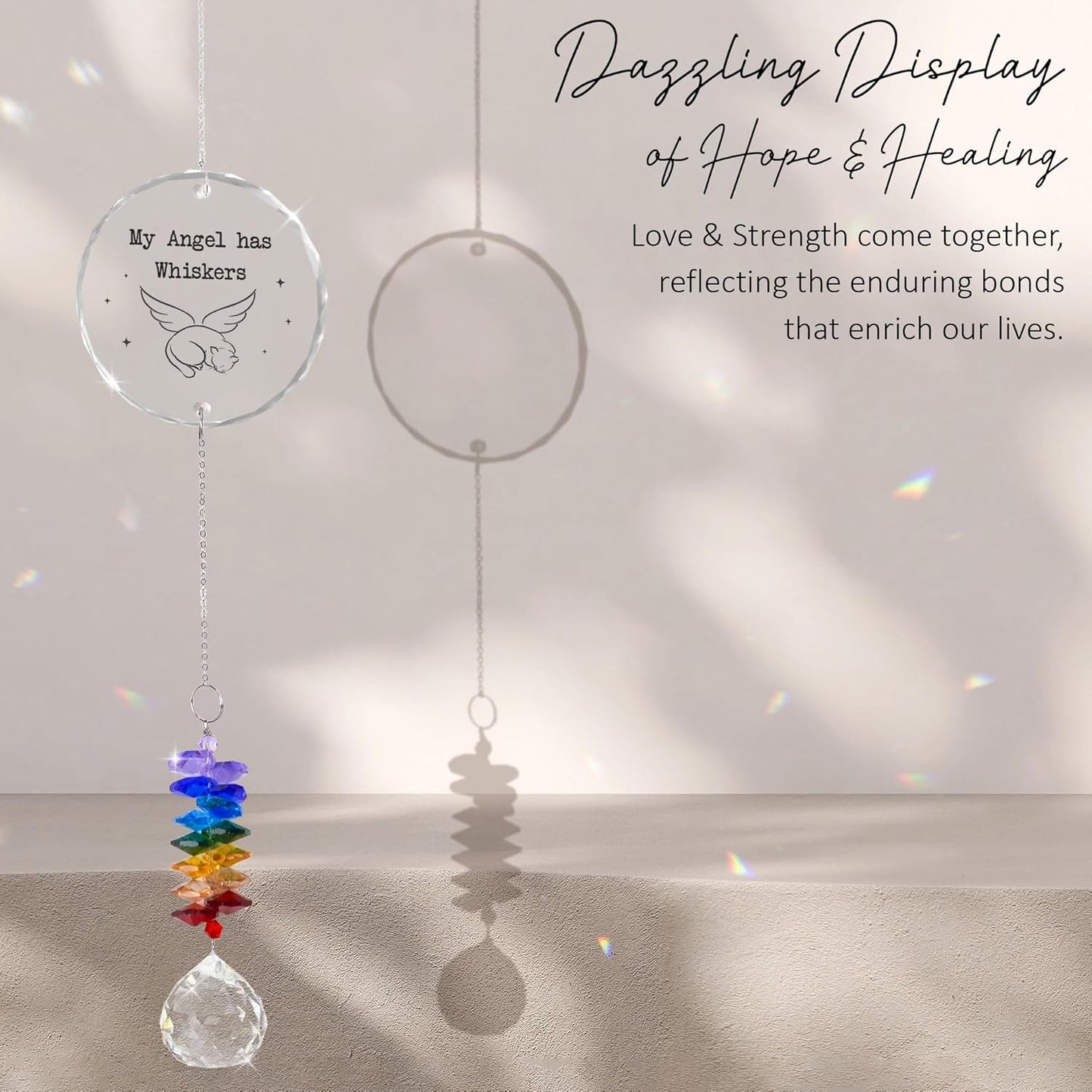 Glass Ornament Suncatcher - My Angel HAS Whiskers - Cats Memorial Sympathy Gift - Crystal Rainbow Maker for Cat Lover - Bereavement Keepsake - Daily Remembrance - Hanging Home Garden Decor