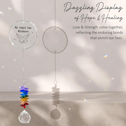 Glass Ornament Suncatcher - My Angel HAS Whiskers - Cats Memorial Sympathy Gift - Crystal Rainbow Maker for Cat Lover - Bereavement Keepsake - Daily Remembrance - Hanging Home Garden Decor